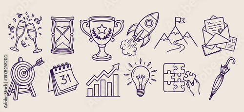 Hand drawn success trophy rocket growth, minimalist business achievement and goal doodles, decorative winner cup and startup sketches, artistic motivation and leadership design elements, minimalist su
