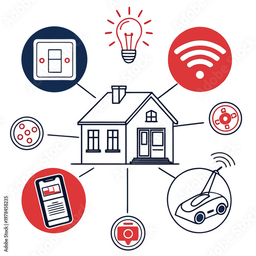 Smart home system illustration with central house icon connected to modern io t devices like light switch bulb fan smartphone control robotic vacuum internet of things automation technology