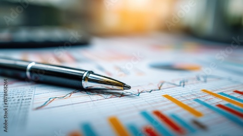 Business Analysis with Report Charts and Pen on Financial Document