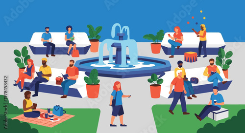 Diverse group of people enjoying leisure activities in a vibrant public park with a central fountain, reading, relaxing, and socializing.