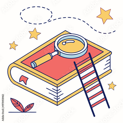 Closed book with ladder and magnifying glass representing path to success and career development through education vector isometric style illustration.