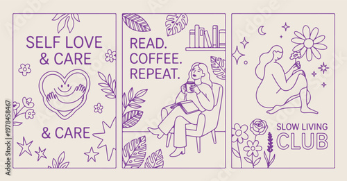 Cozy coffee and reading moment illustration, hand drawn girl with book doodles, decorative cafe and home lifestyle sketches, artistic read coffee repeat design elements, minimalist hygge lifestyle and