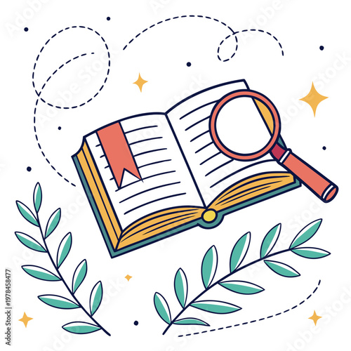 Open textbook with leaves and ornaments around magnifying glass showing literary analysis and nature study concepts vector flat design illustration.