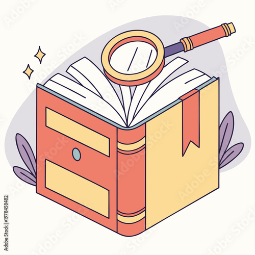 Hardcover book with bookmark and magnifying glass on top for deep research and information lookup illustration in modern isometric line art style.