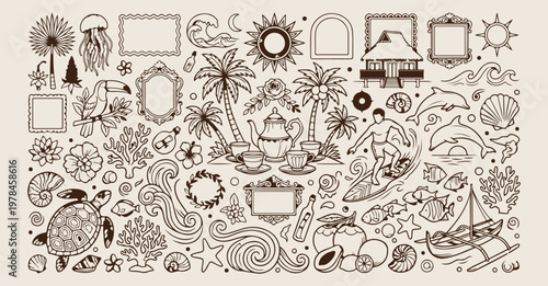 Mediterranean summer and coastal vibe illustration, hand drawn italian seaside and villa doodles, decorative coastal vacation and boat sketches, artistic summer holiday in europe elements, minimalist 