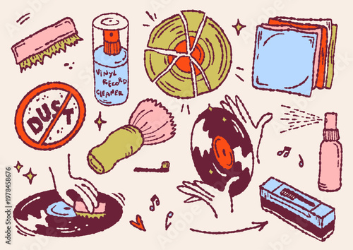Hand-drawn vector collection of vinyl record cleaning tools and care supplies. Colorful doodle set for record stores, music lovers, hobby projects, posters, stickers, and social media.
