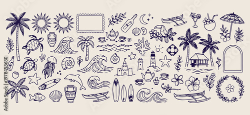 Hand drawn travel dreams beach vacation, minimalist summer holiday and ocean doodles, decorative coastal resort and island sketches, artistic travel adventure and sea icons, minimalist maritime and sh