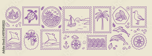 Hand drawn nautical stamps ocean scenery, minimalist sea travel and boat doodles, decorative beach lighthouse and palm sketches, artistic coastal vacation and island icons, minimalist maritime and sho