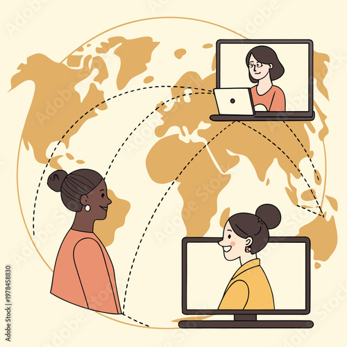Diverse women connecting globally through calls on laptops against a world map backdrop with video call conference connection internet communication business technology computer collaboration