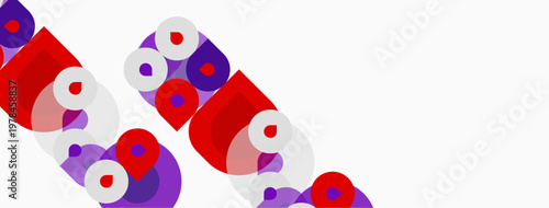 Abstract geometric shapes overlap, creating dynamic visual pattern. Red, purple, lavender hues dominate composition. Minimalist design.