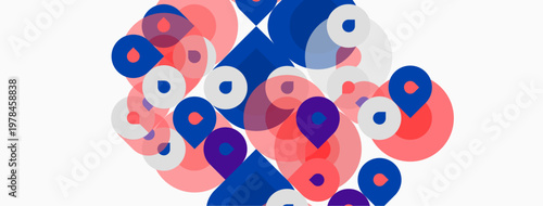 Abstract composition featuring overlapping circles. Pink, blue hues dominate design. Modern, playful aesthetic present. Simple shapes create dynamic visual impact.