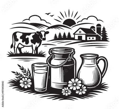 Black and white vector illustration of a rural dairy farm scene with a cow, barn, and sunrise in the background. In the foreground are milk containers including a glass, jug, and metal can, surrounded