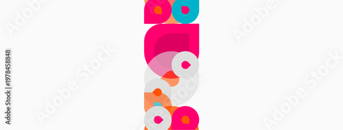 Abstract colorful circles overlap, creating playful vertical composition. Bright hues contrast against pale background. Modern design.