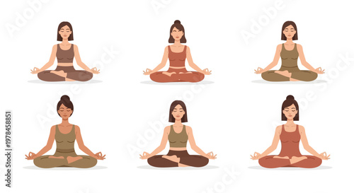 Diverse women meditating in lotus position with closed eyes on white background