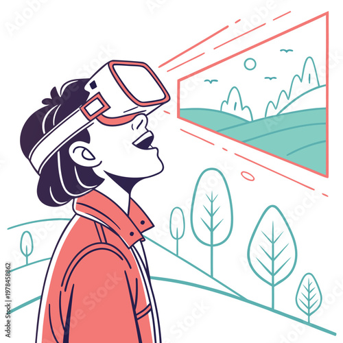 Person wearing vr headset looking up in amazement at a virtual landscape with vr headset augmented reality vr headset technology immersion entertainment experience innovation cyberpunk