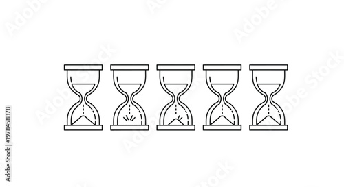 A row of five identical hourglasses each showing a different stage of sand depletion