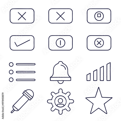 Collection of hand-drawn interface icons including checkmark cross power list bell volume microphone settings star symbols with interface checkmark notification microphone settings configuration