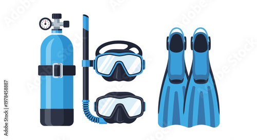 Diving equipment set isolated on white background for aquatic exploration