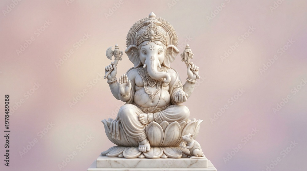 Fototapeta premium White Marble Lord Ganesha Idol 3D Render with Copy Space
