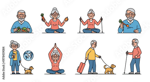 Elderly people in various activities eating exercising traveling lifestyle
