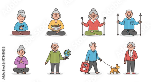 Elderly people in various activities yoga travel walking dog vector illustration