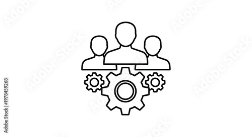 A minimalist line drawing depicts three people above interconnected gears symbolizing teamwork and mechanical processes