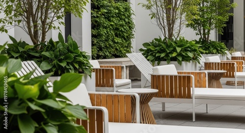 Outdoor lounge area with modern furniture and lush green plants in daylight