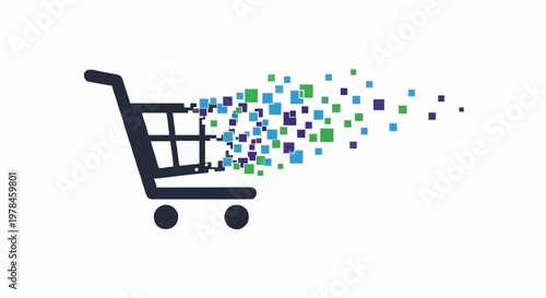 Digital shopping cart icon concept of e-commerce and online retail with pixelated dissolution