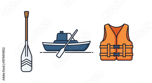 Illustrated boating equipment paddle boat and life vest in modern design