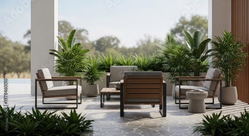 Outdoor patio furniture with lush greenery and natural light for relaxation