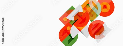 Abstract geometric shapes overlap, creating vibrant color composition. Red, orange, green hues dominate design. Minimalist style.