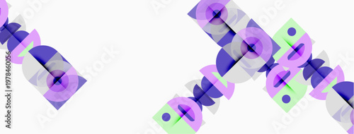 Abstract geometric shapes, purple hues, white background. Squares, circles overlap creating complex pattern. Minimalist design.