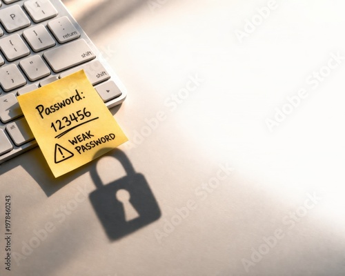 Cybersecurity image showing weak password written on a sticky note attached to a keyboard with a lock shadow, vulnerability, data protection risk. Minimal workspace with copy space. Security concept.