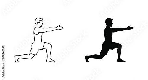 Man performing a lunge in outline and dark silhouette high quality