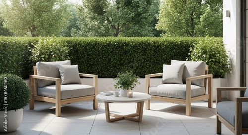 Outdoor patio setting with modern furniture against a backdrop of green foliage
