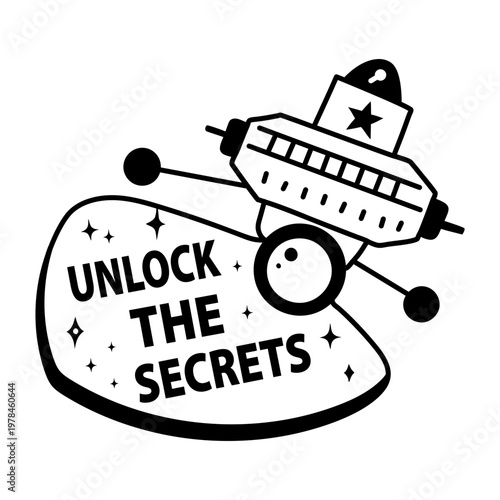 A glyph sticker of a spy cam with unlock the secrets typography 

