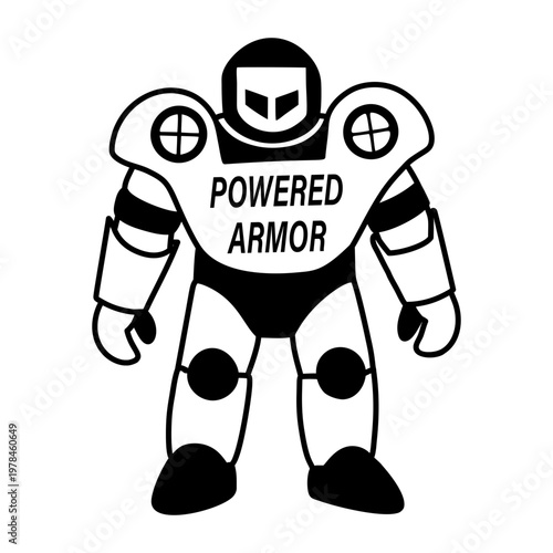 A glyph sticker of a robot with powered armour typography 

