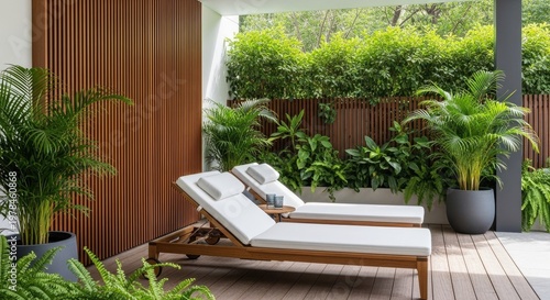 Outdoor relaxation space with lounge chairs greenery and wooden accents