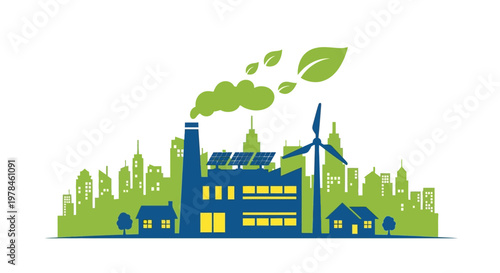 Eco friendly factory with wind turbine.