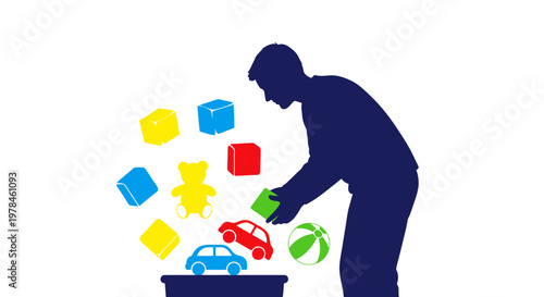 Man playing with toy blocks and cars.