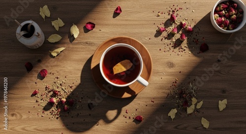 Overhead view of a cup of tea on a wooden table with rose petals