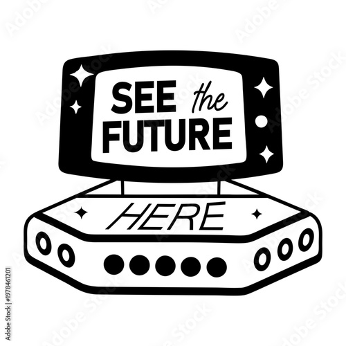A glyph sticker of teleport with see future her typography 

