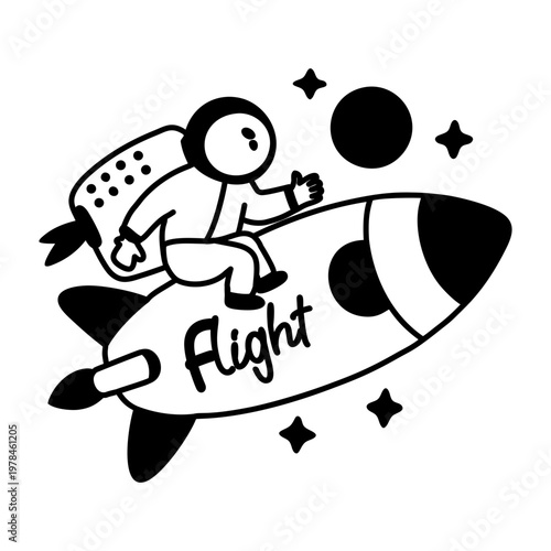 A glyph sticker of an astronaut flying on a rocket with flight typography

