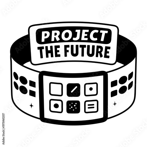A glyph sticker of holo wristband with project the future typography 

