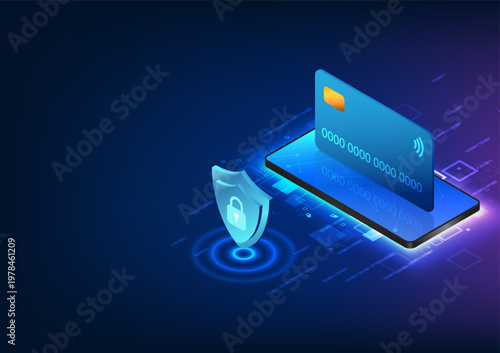 Smartphone technology with credit card placed on top of mobile screen Equipped with a shield with a lock on the front Smartphone technology that has a system to prevent theft of financial information