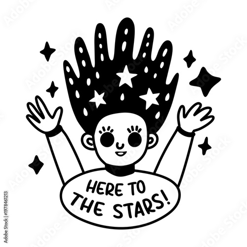 A glyph sticker of cosmic character with here to the stars typography 