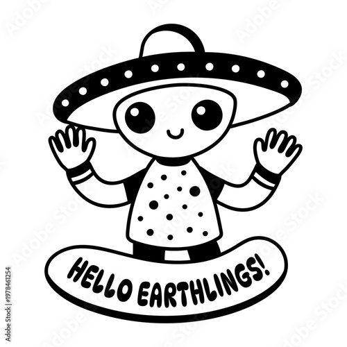 A glyph sticker of an alien with hello earthlings typography 

