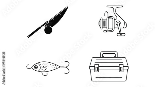 Fishing Icons: A collection of essential fishing tools, depicted in sleek, minimalist monochrome style, ready to inspire anglers and fishing enthusiasts.