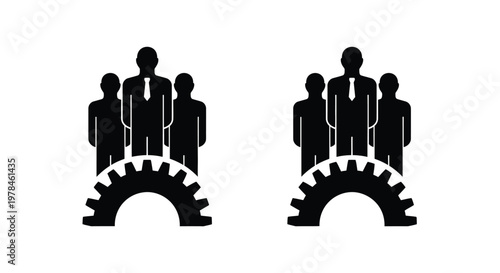 A black silhouette depicts two groups of businesspeople standing atop gear mechanisms