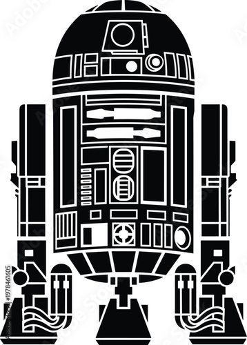 Black and white stencil graphic of a droid with a domed head and two side legs robot